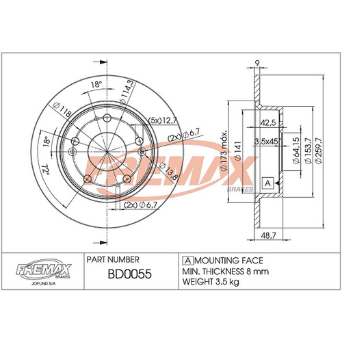 FREMAX DISC ROTORS HONDA REAR 259.8MM SOLID BD-0055