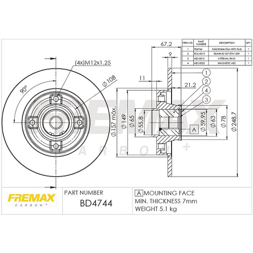 FREMAX DISC ROTORS REAR PEUGEOT/CITROEN WITH ABS SENSORS + BEARINGS BD-4744